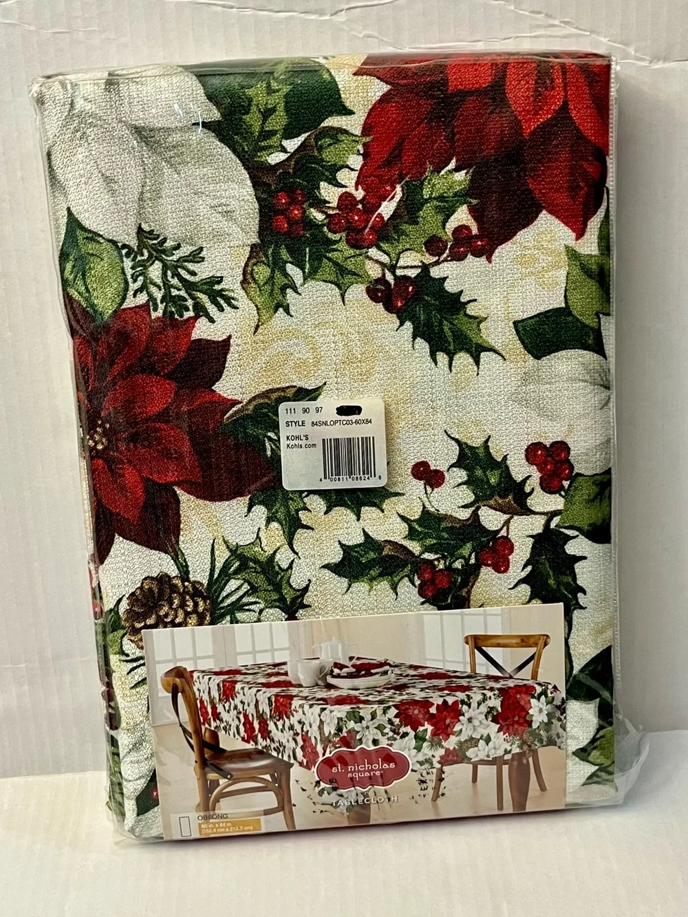 St. Nicholas Square Christmas Tablecloth Oblong 60x84 NWT Poinsettia Holly